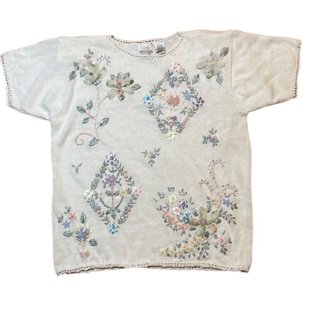 Vintage cream embroidered Sweater, short sleeve, oversized, flowers, summer